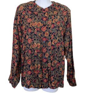 Poet Collar Pleated Shirt Long Sleeve Autumn Floral Button Front Top Vintage 90s